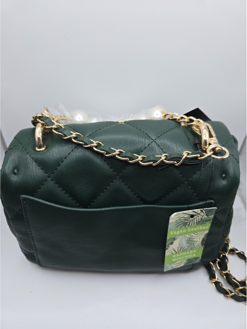 Badgley Mischka Quilted Crossbody Bag Green Gold Studded Pearl Handle NWT New - Picture 7 of 15